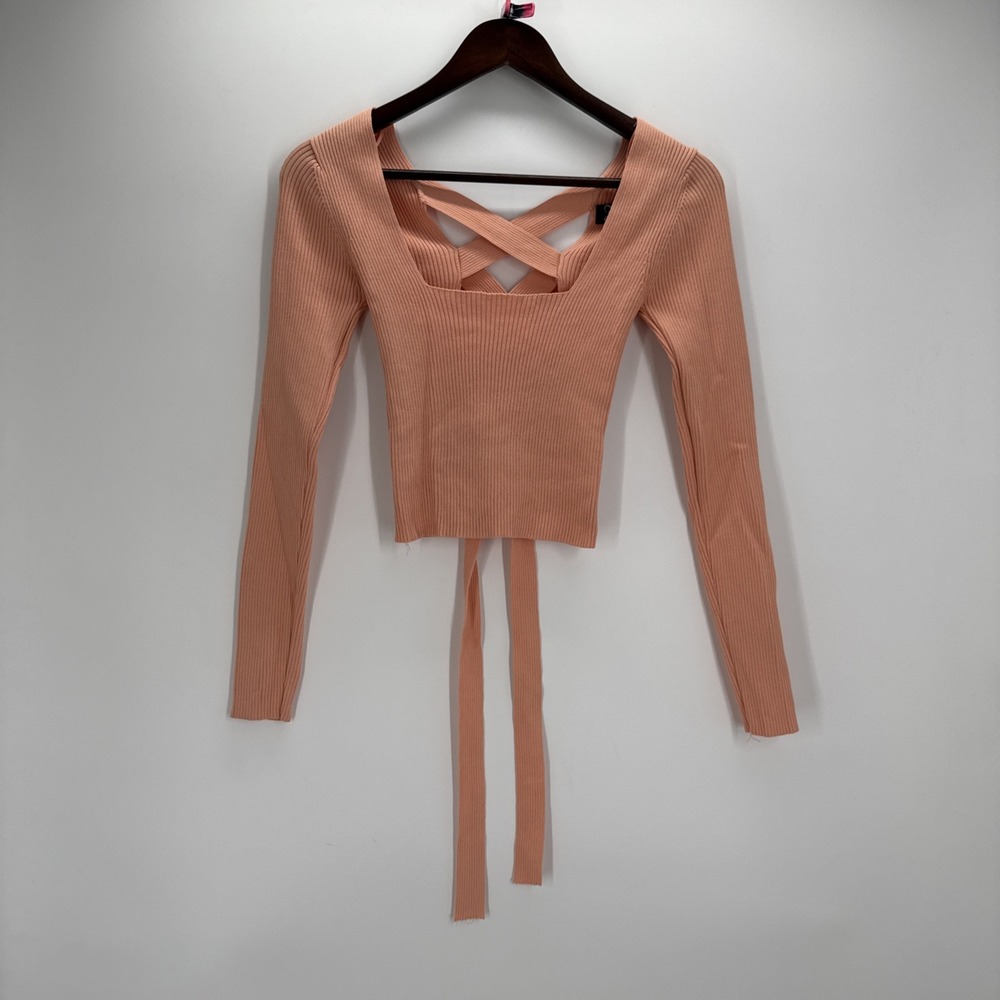 Windsor Women's Small Peach Pink Knit Crop Top Lace Up Back Long Sleeve Y2K